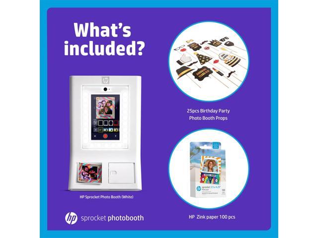 HP Sprocket Photo Booth Machine Instant Color Photo Printer (White) + Zink Paper (100 Sheets) + Birthday Party Photo Booth Props (25pc)