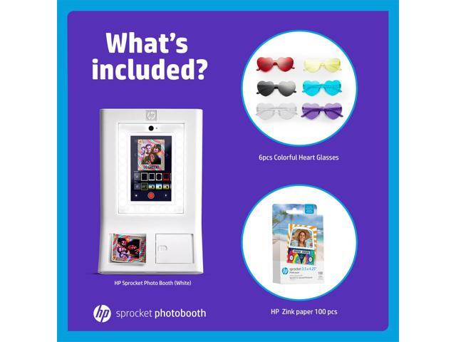 HP Sprocket Photo Booth Machine Instant Color Photo Printer (White) + Zink Paper (100 Sheets) + Colorful Heart Glasses (6pc)