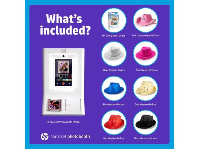 HP Sprocket Photo Booth Machine Instant Color Photo Printer (White) + Zink Paper (100 Sheets) + Fedora Bundle (x6) + Pink Cowboy Hat with Tiara