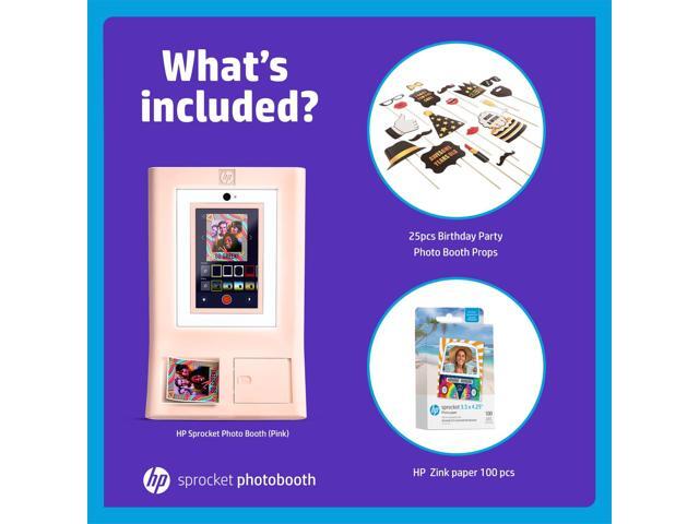 HP Sprocket Photo Booth Machine Instant Color Photo Printer (Pink) + Zink Paper (100 Sheets) + Birthday Party Photo Booth Props (25pc)