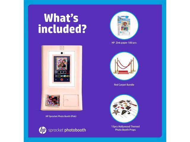 HP Sprocket Photo Booth Machine Instant Color Photo Printer (Pink) + Zink Paper (100 Sheets) + Red Carpet Bundle + Hollywood Props Bundle