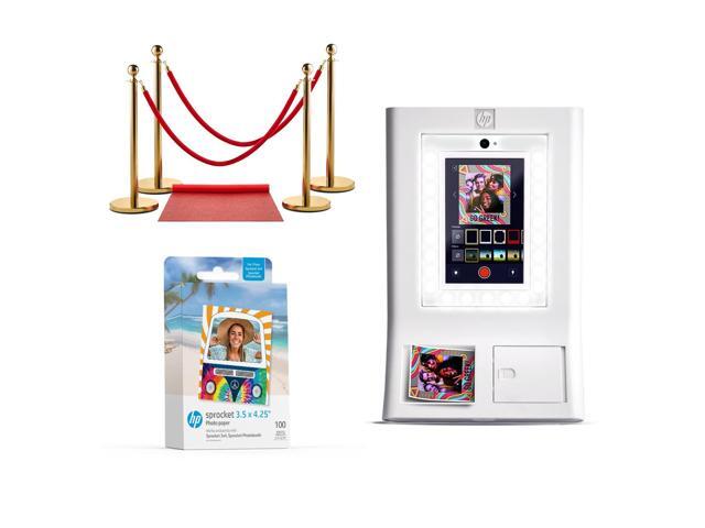 HP Sprocket Photo Booth Machine Instant Color Photo Printer (White) + Zink Paper (100 Sheets) + Red Carpet Bundle