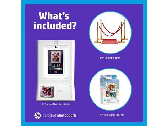 HP Sprocket Photo Booth Machine Instant Color Photo Printer (White) + Zink Paper (100 Sheets) + Red Carpet Bundle