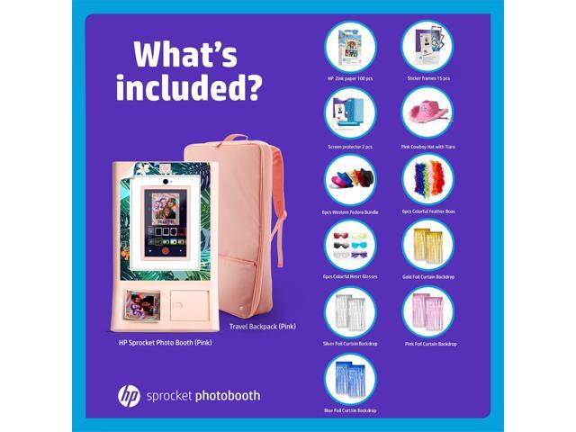 HP Sprocket Photo Booth Machine Instant Color Photo Printer (Pink)+ Paper (x100)+ Case + Frames (x15)+ Screen Protector (x2)+ Fedoras (x6)+ Glasses...
