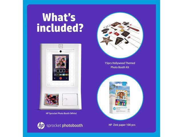 HP Sprocket Photo Booth Machine Instant Color Photo Printer (White) + Zink Paper (100 Sheets) + Hollywood Props Bundle