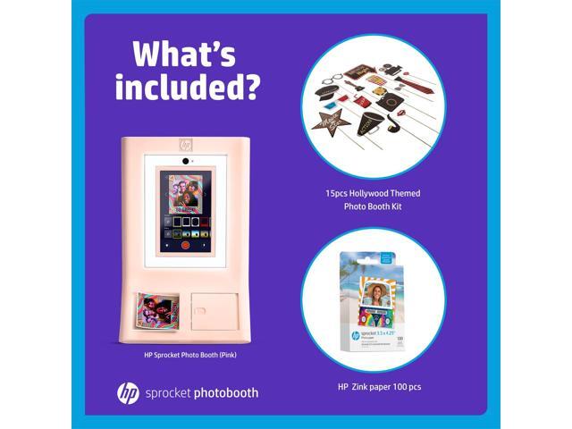 HP Sprocket Photo Booth Machine Instant Color Photo Printer (Pink) + Zink Paper (100 Sheets) + Hollywood Props Bundle