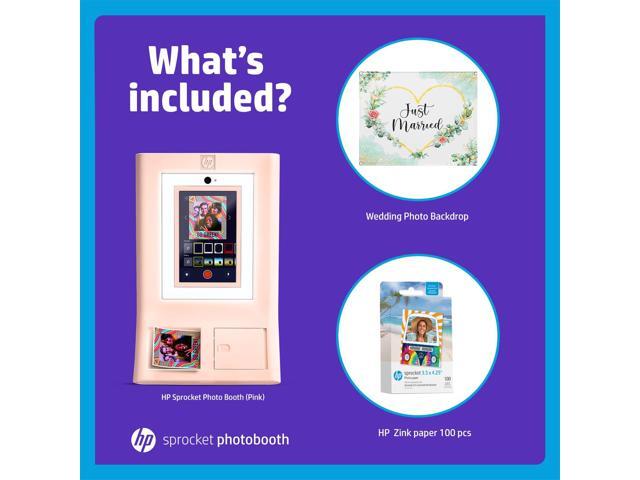 HP Sprocket Photo Booth Machine Instant Color Photo Printer (Pink) + Zink Paper (100 Sheets) + Wedding Photo Backdrop