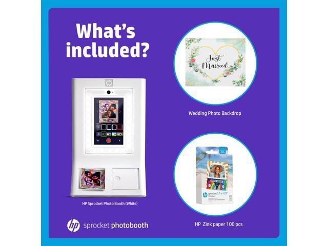 HP Sprocket Photo Booth Machine Instant Color Photo Printer (White) + Zink Paper (100 Sheets) +Wedding Photo Backdrop