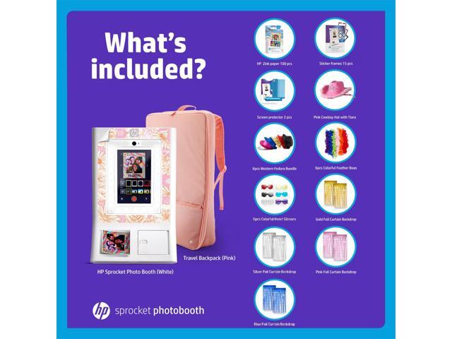 HP Sprocket Photo Booth Machine Instant Color Photo Printer (White)+ Paper (x100)+ Case + Frames (x15)+ Screen Protector (x2)+ Fedoras (x6)+...
