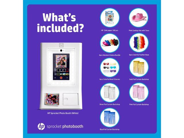 HP Sprocket Photo Booth Machine Instant Color Photo Printer (White) + Zink Paper (100 Sheets)+ Fedora Bundle (x6)+ Heart Glasses (6pc)+ Feather...