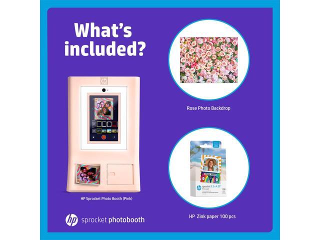 HP Sprocket Photo Booth Machine Instant Color Photo Printer (Pink) + Zink Paper (100 Sheets) + Roses Photo Backdrop