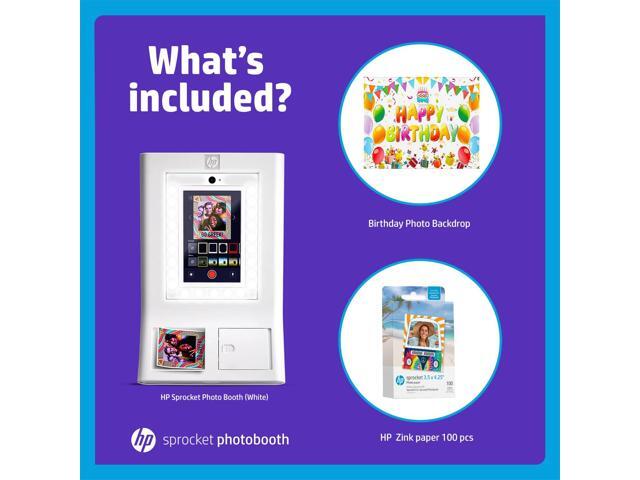 HP Sprocket Photo Booth Machine Instant Color Photo Printer (White) + Zink Paper (100 Sheets) + Birthday Photo Backdrop