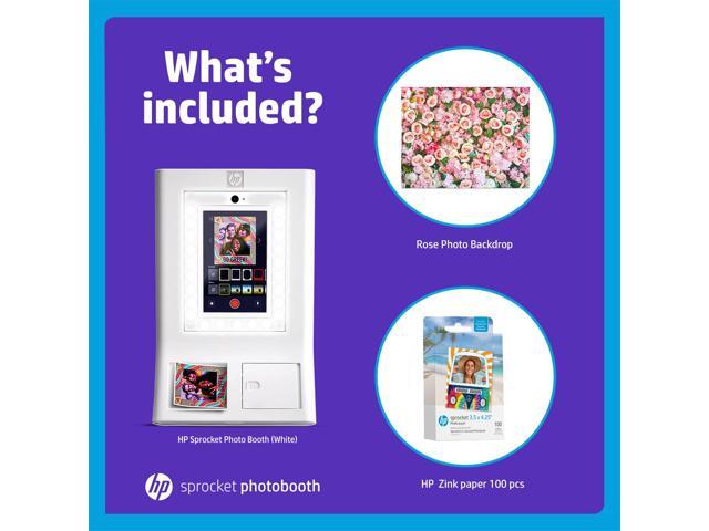 HP Sprocket Photo Booth Machine Instant Color Photo Printer (White) + Zink Paper (100 Sheets) + Roses Photo Backdrop