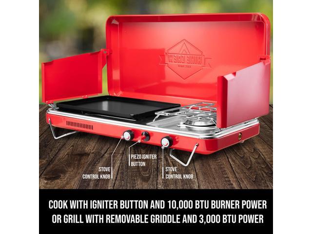Hike Crew 2-in-1 Gas Camping Stove and Griddle, Portable Propane Burner w/ Integrated Igniter & Stainless Drip Tray Built-in Carrying Handle,...