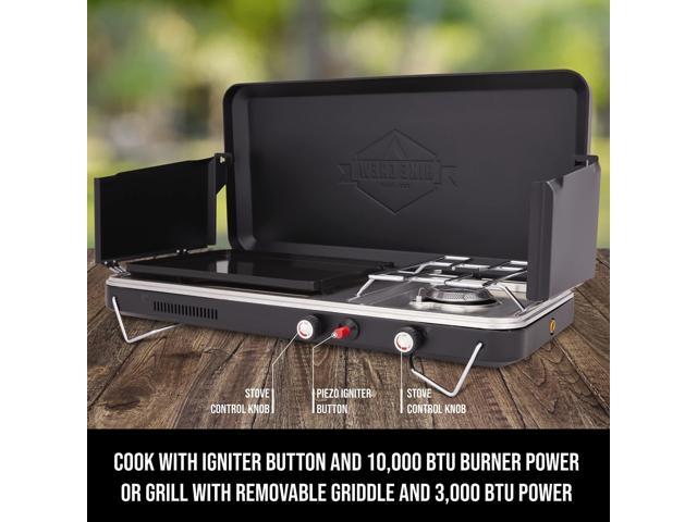 Hike Crew 2-in-1 Gas Camping Stove and Griddle, Portable Propane Burner w/ Integrated Igniter & Stainless Drip Tray Built-in Carrying Handle,...