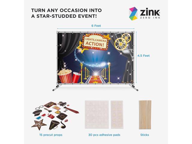 Zink Hollywood Photo Booth Bundle - 15PC Hollywood Themed Photo Booth Kit with 4.5 x 6 Ft Backdrop, Precut Props, Sticks, and Adhesive Pads