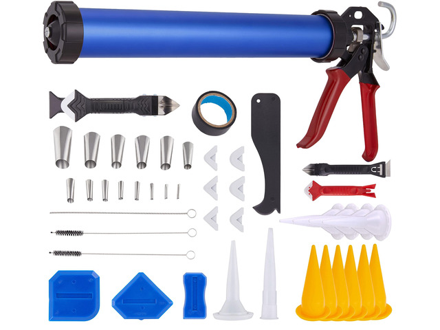 Right Hand Sausage Caulking Gun Manual 20 oz Leakproof Cylinder Dispenser for Glue Adhesive & Sealant with 10 Cone Nozzles, 32 Pc. Trowel &...