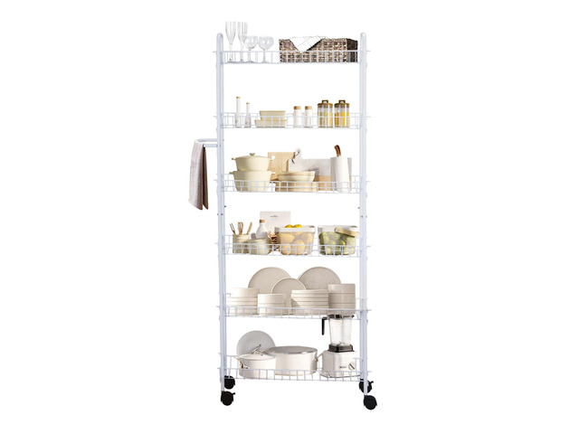 SkyMall Slim Rolling Pantry Cart 6 Tier Shelf, Space-Saving Kitchen & Spice Rack on Wheels, 10 Inch Deep - White Metal