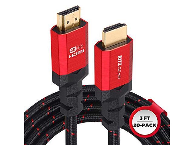 RitzGear 4K HDMI Cables 20-Pack of 3 Ft. High-Speed 18Gbps HDMI 2.0 Connectors Durable Braided Nylon, Gold Plating, 4K @ 60Hz Ultra HD, 3D,...