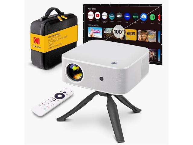 Kodak FLIK X20 Full HD Smart Projector Kit with 100' Screen, Tripod, Remote, Wi-Fi, EVA Case (White)