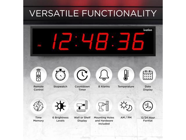 Ivation Huge 36' Inch Large Big Oversized Digital LED Clock with Stopwatch, Alarms, Countdown Timer & Temp - Shelf or Wall Mount (Red) 6-Level...