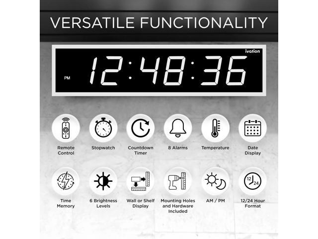 Ivation Huge 36' Inch Large Big Oversized Digital LED Clock with Stopwatch, Alarms, Countdown Timer & Temp - Shelf or Wall Mount (White) 6-Level...