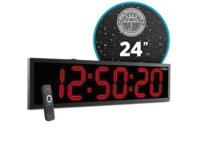 Ivation 24' Outdoor Digital Clock, Waterproof LED Display, Auto Time Sync, Temp, Date & Timer Red