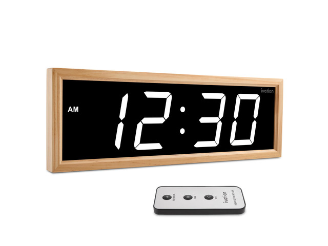 Ivation Digital Wall Clock, 18' LED Display, Natural Wood Frame, Auto Dimming, Remote White