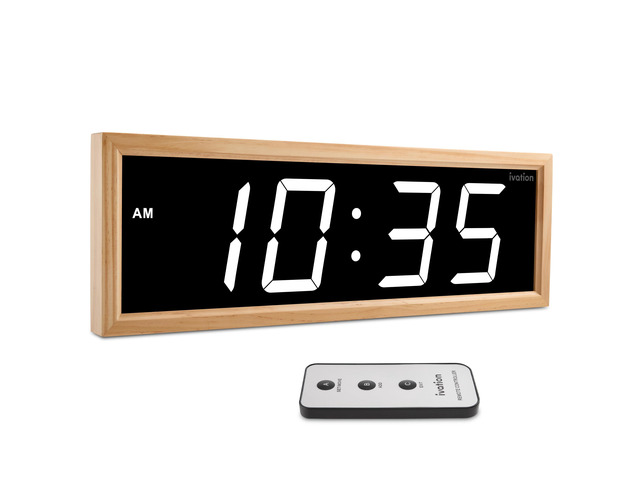 Ivation Digital Wall Clock, 24' LED Display, Natural Wood Frame, Auto Dimming, Remote White