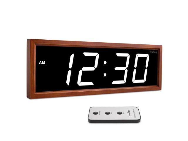 Ivation Digital Wall Clock, 18' LED Display, Brown Wood Frame, Auto Dimming, Remote White