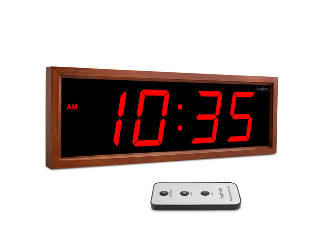 Ivation Digital Wall Clock, 24' LED Display, Brown Wood Frame, Auto Dimming, Remote