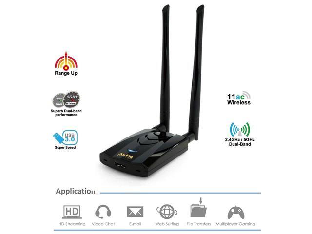alfa longrange dualband ac1200 wireless usb 3.0 wifi adapter w/2x 5dbi external antennas 2.4ghz 300mbps/5ghz 867mbps 802.11ac & a, b, g, n