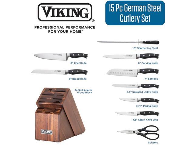 Viking 15-Piece Stainless Cutlery Set with Acacia Wood Block - Black