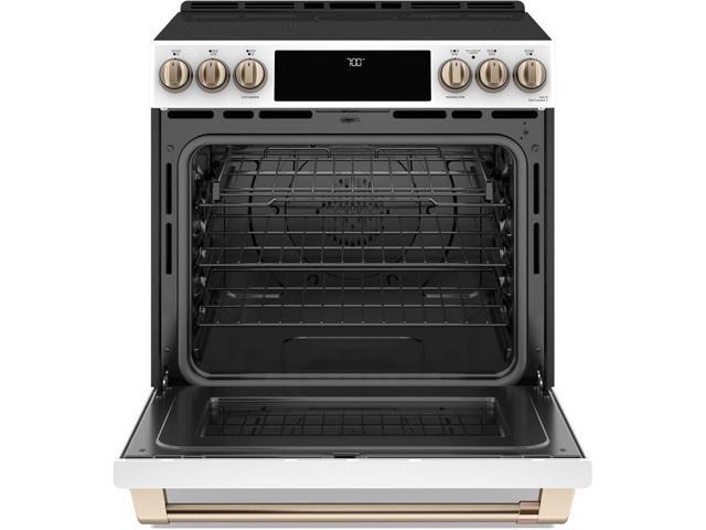 Cafe 30 inch Matte White Smart, Front-Control, Radiant and Convection Range