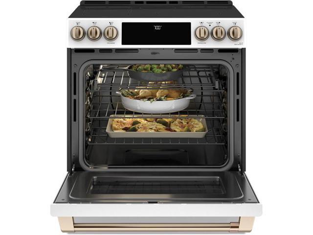 Cafe 30 inch Matte White Smart, Front-Control, Radiant and Convection Range
