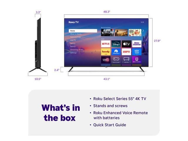 Roku 55' Select Series 4K UHD Smart TV - HDR, Dolby Audio, Compatible with Alexa, Voice Remote, Bluetooth Mode, w/AUX HDMI Cable, CPS 1-Year...