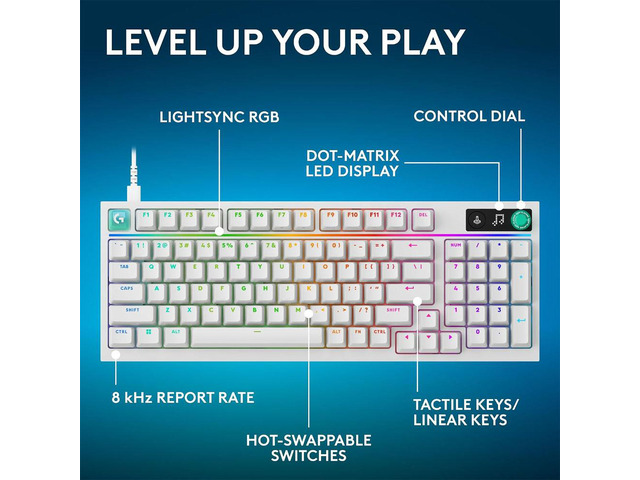 Logitech 920014239 G316 X 98 Hot Swappable Gasket Mount Wired Gaming Keyboard with Linear Switches and Dial - White