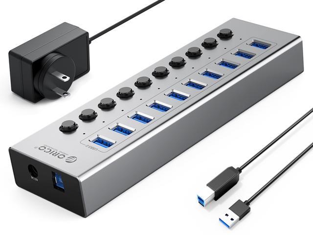 USB 3.0 Hub ORICO Powered 10 Ports USB Data Hub with Individual Switches and Indicator, 12V Power Adapter Support BC1.2 Charging, USB Extension for.