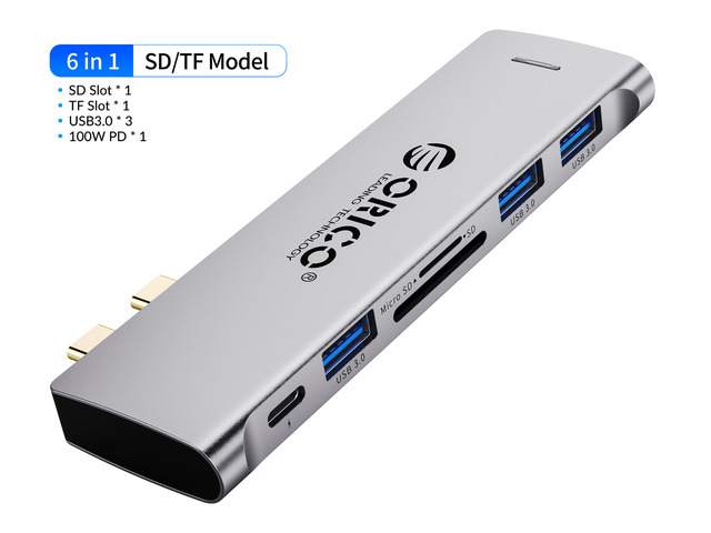 ORICO USB C Hub, 6-in-1 Type-C to SD TF Card Reader, With 100W Power Delivery Type C Charging Port, 3 USB 3.0 Ports Adapter Compatible for...