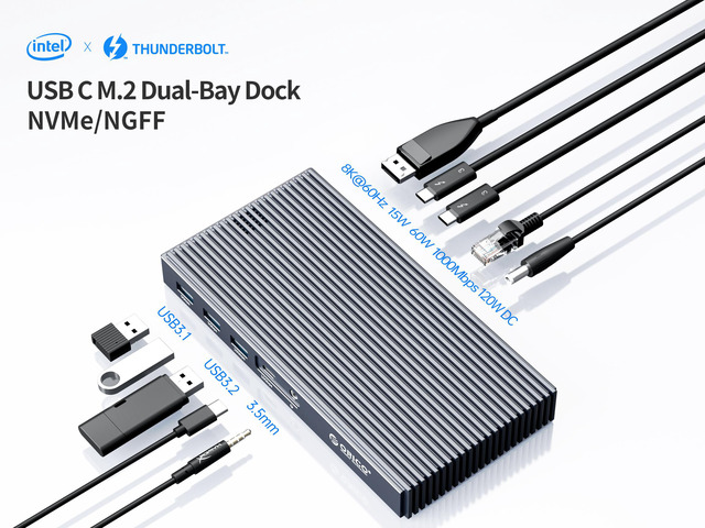 ORICO 8K Thunderbolt 3 Dock with M.2 NVMe NGFF Enclosure- 9 in 1 USB C Laptop Docking Staion with 65W Power Delivery, Display 8K@60Hz, Dual 4K,...