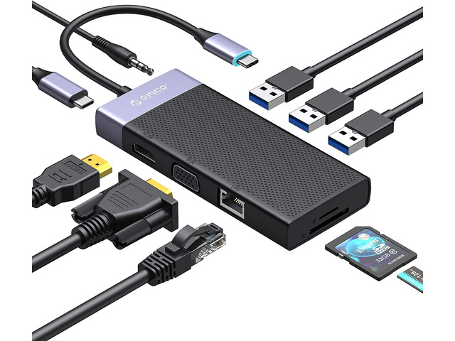 ORICO USB C Docking Station Dual Monitor 10 in 1 USB-C Triple Display Type C Multiple Adapter with 4K HDMI, VGA, PD 87W, SD /TF Card Reader,...