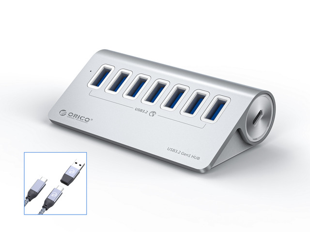 ORICO Aluminum 7 Port USB 3.2 HUB Type USB C Splitter With 5V3A Type C Power Port, C to C cable, USB A Adapter for MacBook Accessories