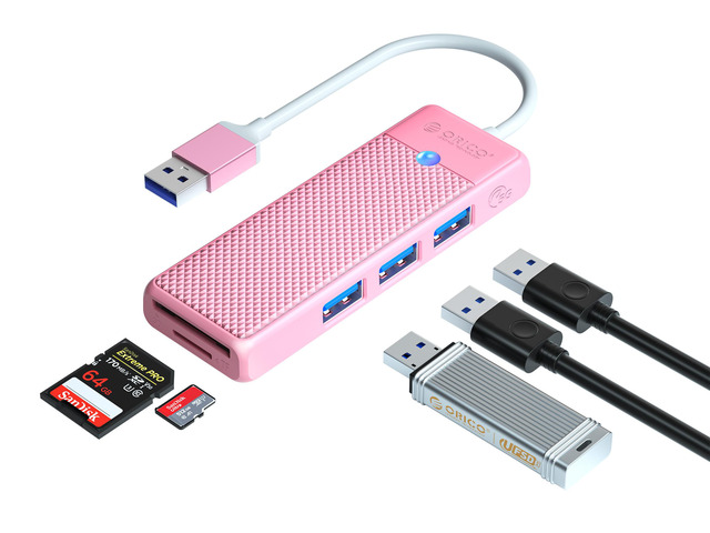 ORICO USB 3.0 Hub USB Adapter Port Extender SD/TF Card Reader PD100w Charging Port Compatible With PC Laptop 5Gbps hub Pink USB A 15cm