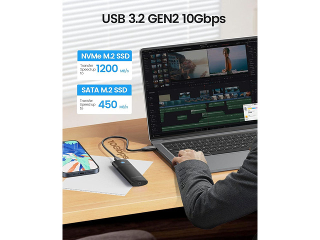 ORICO Aluminum M.2 NVMe SSD Enclosure, Tool-Free 10Gbps USB C Adapter, USB 3.2 M.2 NVMe Reader, External SSD Case Thunderbolt 3 Compatible,...