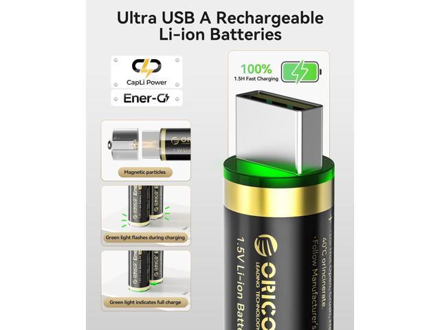 ORICO Ener-G Lithium ion Battery Rechargeable AA Batteries 1400mWh USB-A Direct Charging 1.5H Fast Full-Charged 1500 Cycles for Mouse Keyboards RC...