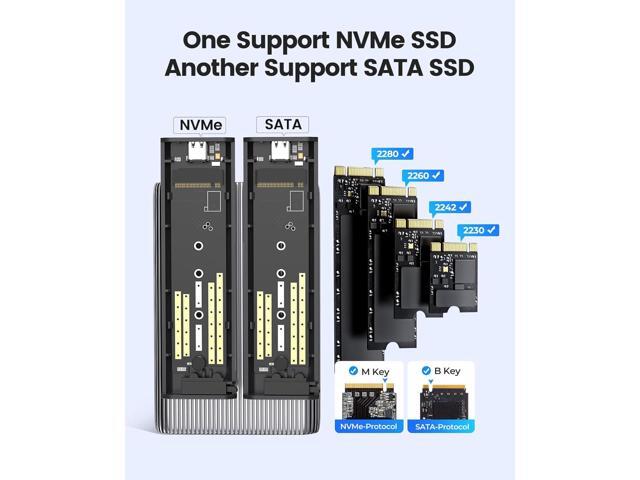 ORICO M.2 SSD Enclosure Dual Slot (1 NVMe PCIe + 1 SATA NGFF), USB C 10Gbps Adapter for 2230/2242/2260/2280, Tool-Free Aluminum Case, Support...