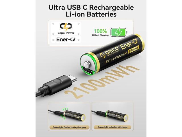 ORICO Ener-G Lithium ion Battery Rechargeable AA Lithium Battery 1.5V 2100mWh USB-C Charging 2H Fast Charging Over 1500 Cycles for Camera...
