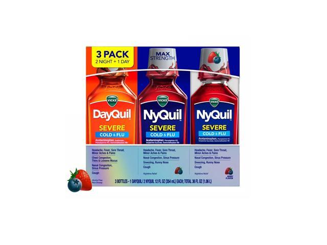 Image of Vicks DayQuil & NyQuil SEVERE Cold & Flu Relief Liquid, Berry (12 fl oz, 3 pk)