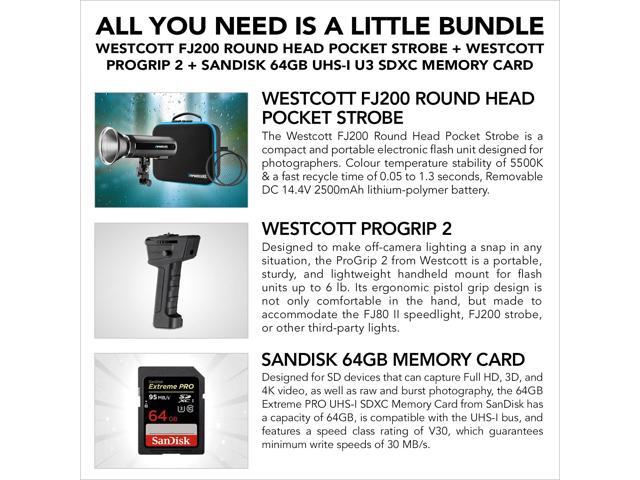 Westcott FJ200 Round Head Pocket Strobe Light with 64GB Memory Card for 4K Video and Westcott ProGrip2 Ergonomic Handheld Mount for Photographers...