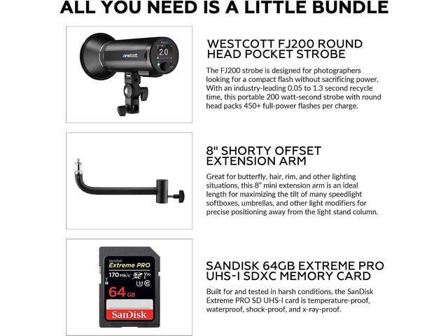 Westcott FJ200 200W Strobe with AC/DC Lithium Polymer Battery 8' Extension Arm & 64GB SDXC Memory Card Bundle